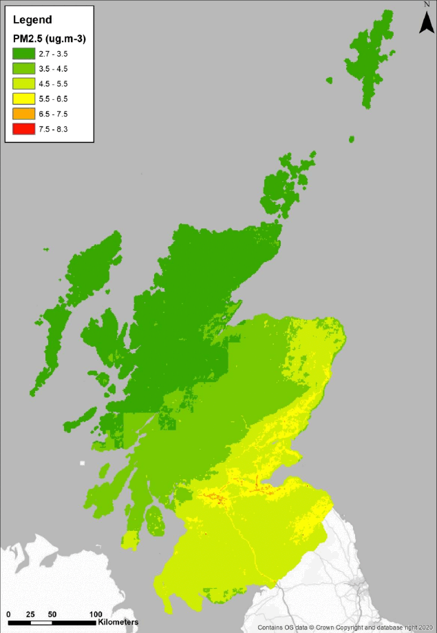 Scotland adjusted particulate matter  2.5 background concentrations with modelled domestic combustion removed in microgrammes per cubic metre.
