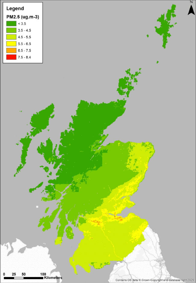 Scotland total particulate matter 2.5 concentrations in microgrammes per cubic metre for the baseline scenario (option 1).