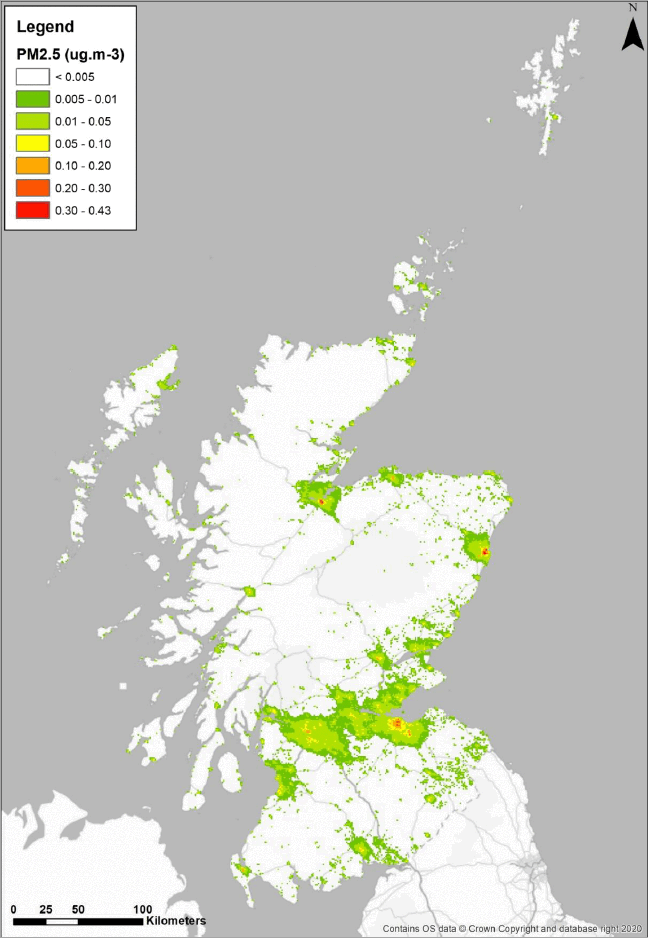 Scotland particulate matter 2.5 concentrations in microgrammes per cubic metre of the modelled domestic combustion concentrations for the baseline scenario (option 1).