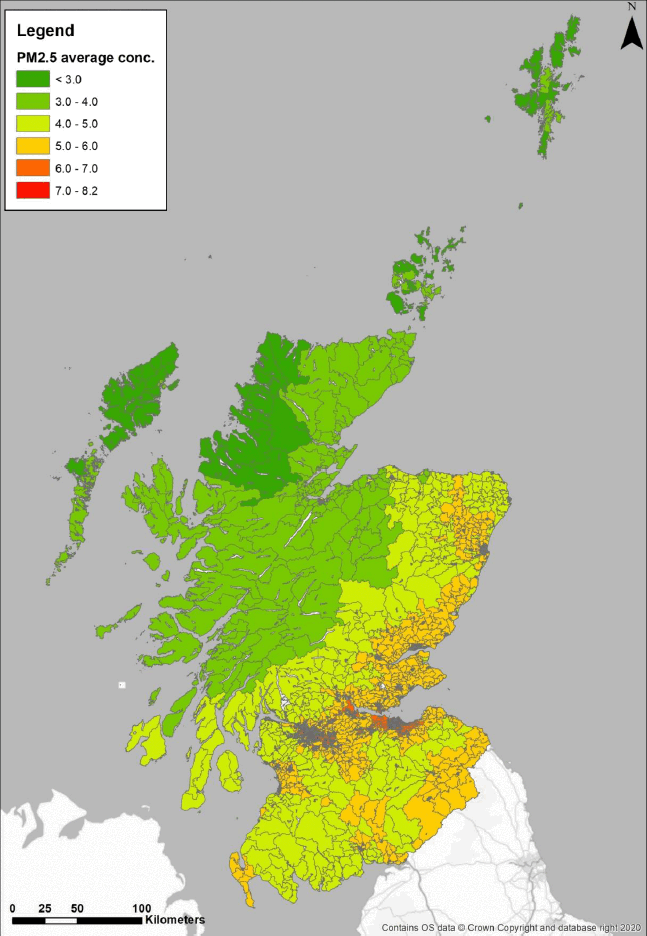 Scotland average concentrations of particulate matter 2.5 in microgrammes per cubic metre by Low Super Output Area for baseline scenario (option 1).