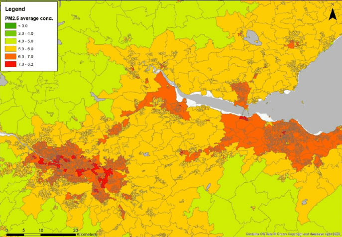 Scotland central belt average concentrations of particulate matter 2.5 in microgrammes per cubic metre by Low Super Output Area in 2019 for baseline scenario (option 1).