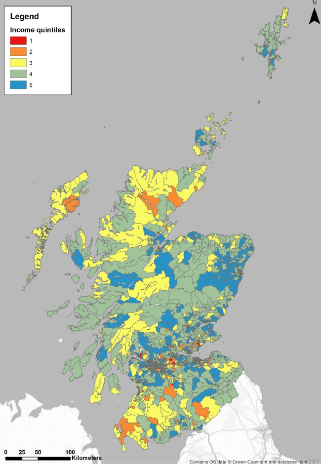 Distribution of Scottish Index of Mass Deprivation Income quintiles by LSOA (where 1 is most deprived and 5 is least deprived)