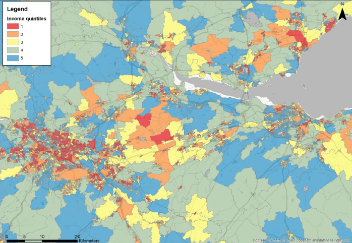 Distribution of Scottish central belt Index of Mass Deprivation Income quintiles by LSOA (where 1 is most deprived and 5 is least deprived).