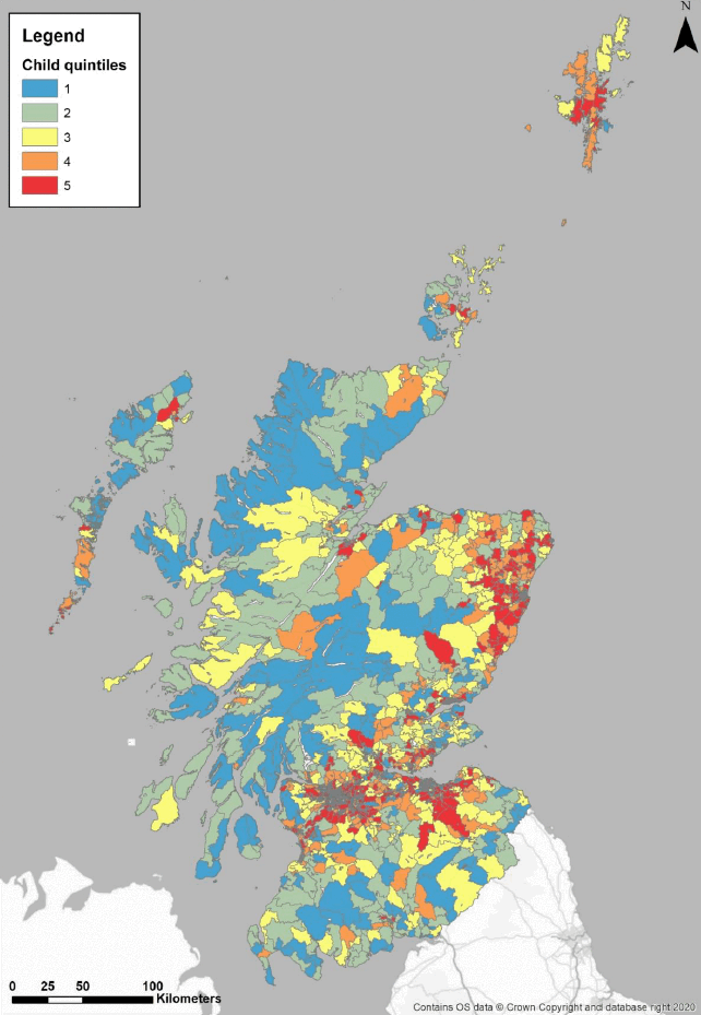 Distribution of Scottish east coast Index of Mass Deprivation Income quintiles by LSOA (where 1 is most deprived and 5 is least deprived).