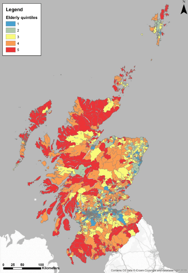 Scotland distribution of elderly quintiles by Low Super Output Area (where 1 is the smallest proportion and 5 is the largest proportion).