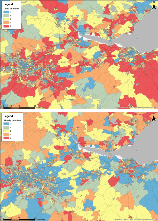 Scotland central belt distribution of children (top) and elderly (bottom) quintiles by Low Super Output Area (where 1 is the smallest proportion and 5 is the largest proportion).