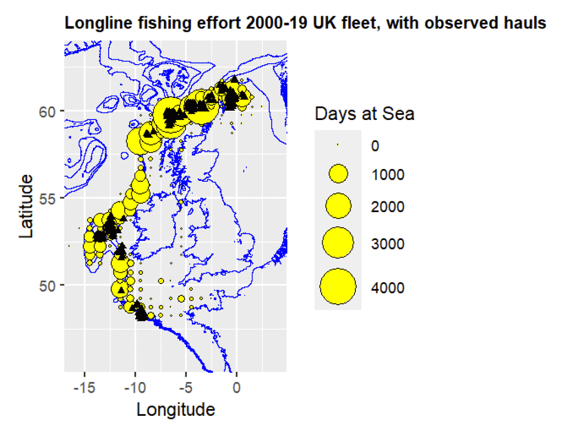 A map of the seas around the UK showing the amount of UK flagged longline fishing effort over a 20 year period to 2019, mainly concentrated along the continental shelf edge especially North of Scotland. The displayed fishing effort is overlain with markers showing where observers have recorded fishing details, mainly north of Scotland, but also west and south of Ireland. Depth contours of the coastlines, 200m, 500m and 1000m isobaths are also show for context.