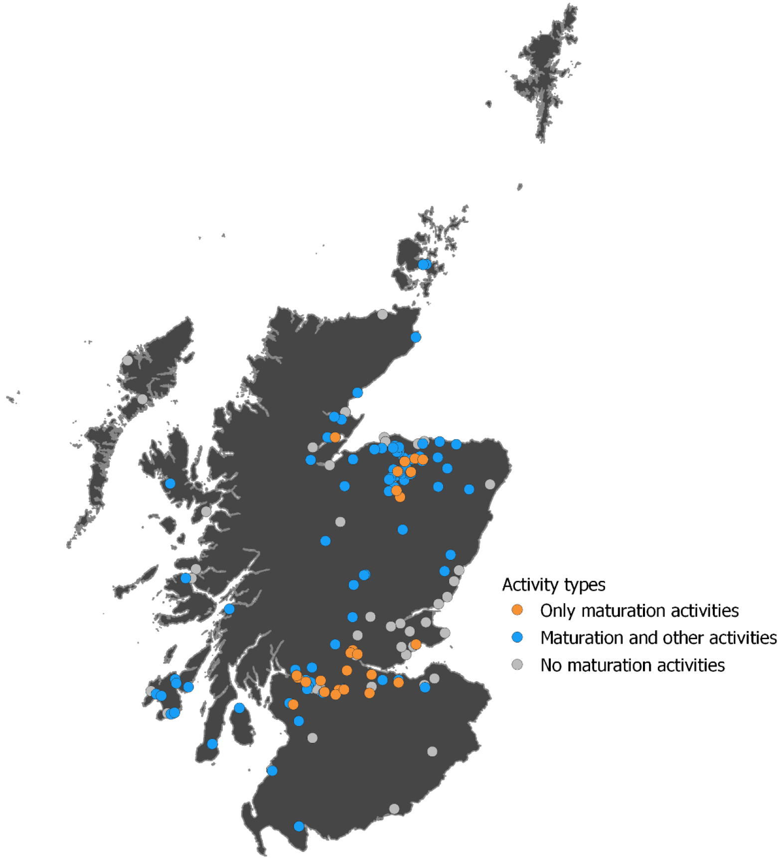 Locations of Scotch whisky facilities in Scotland and the activities undertaken at them.