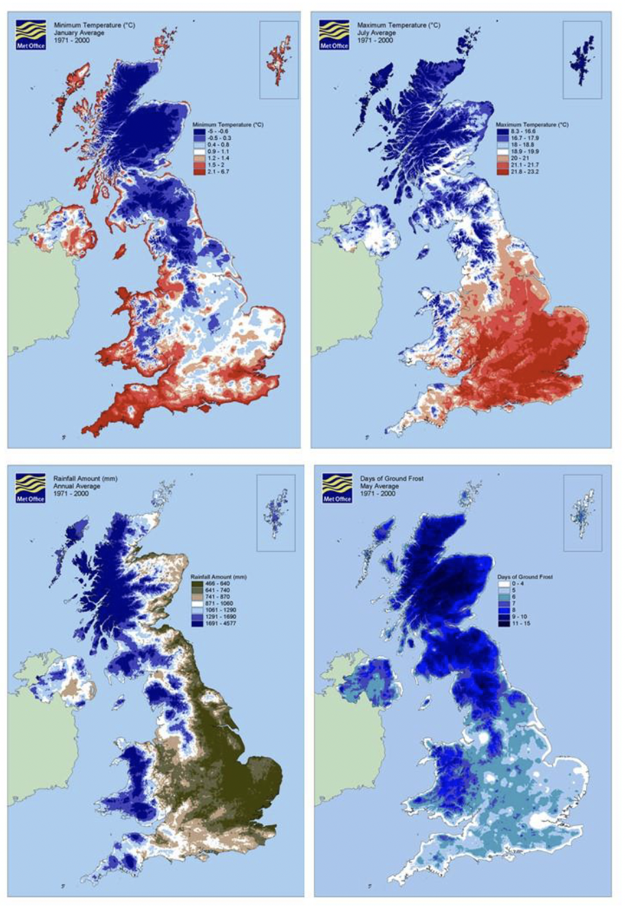 Four maps showing average climate variables for the UK for the years 1971 to 2000. 
The first map shows average minimum temperatures across the UK during January. For Scotland these range between -5 and -0.6 degrees centigrade for the bulk of central inland areas, between -0.5 and 0.3 degrees centigrade for peripheral inland areas, between 0.4 and 1.1 degrees centigrade in many coastal areas particularly on the east coast and between 1.2 and 6.7 degrees centigrade in other coastal areas particularly along the west coast. 
The second map shows the average maximum temperatures during July. 
For Scotland these range between 8.3 and 17.9 degrees centigrade for the bulk of the Highlands and Islands as well as much of southern Scotland below the central belt, while across much of the central belt, these range from 18 to 19.9 degrees centigrade. 
The third map shows average annual rainfall. In much of the west of Scotland as well as around Angus and the western parts of the Scottish Borders this ranges between 1291 and 4577 millimetres, while in largely coastal regions of the east it is mainly between 465 and 870 millimetres. 
The fourth map shows the average number of days of ground frost during May. In most of Scotland’s coastal extremes this ranges between 0 and 5 days, in lower lying areas further inland it is 7 to 8 days and in more mountainous inland areas it ranges from 9 to 15 days. 
The maps show that the climate in southern regions of Scotland is broadly comparable to the climate of northern England meaning climate is unlikely to prevent the establishment of species already present in northern England, though it may limit the spread of INNS within Scotland.
