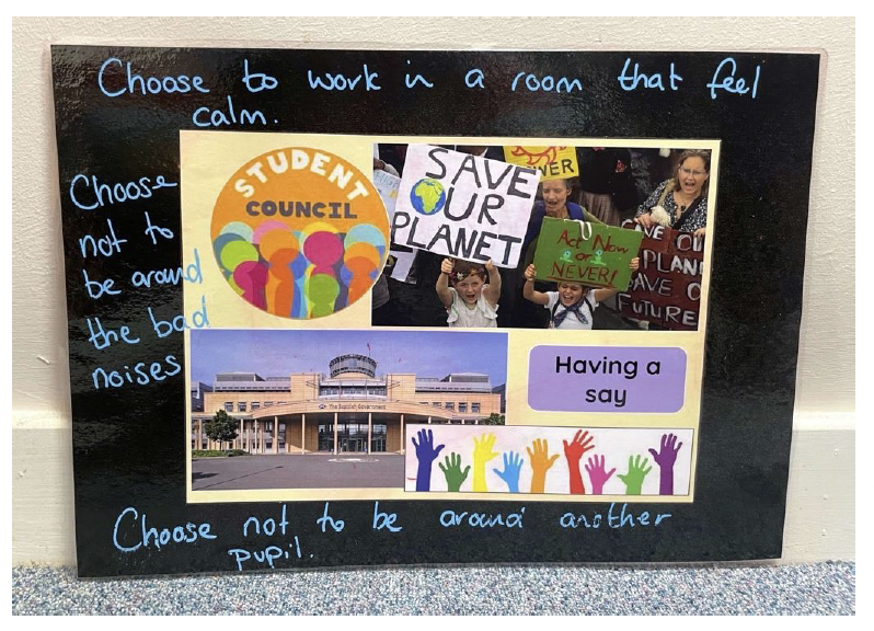 An annotated collage of photographs exploring the theme of ‘having a say’ showing groups of the Scottish Government building and people with placards.