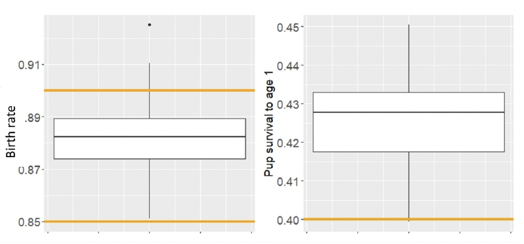 Boxplot showing results of 50 simulations of birth rate and adult survival from 1000 females. As shown in the text above.