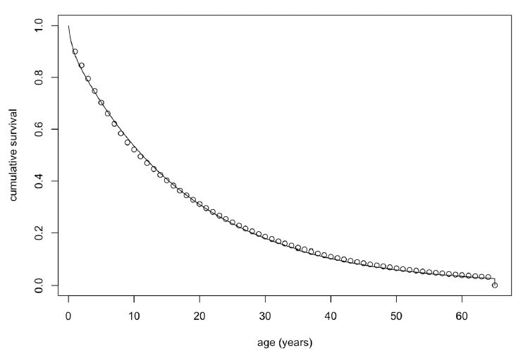 A line graph showing the relationship between cumulative survival and age (years) for female bottlenose dolphins. As described in the text above.