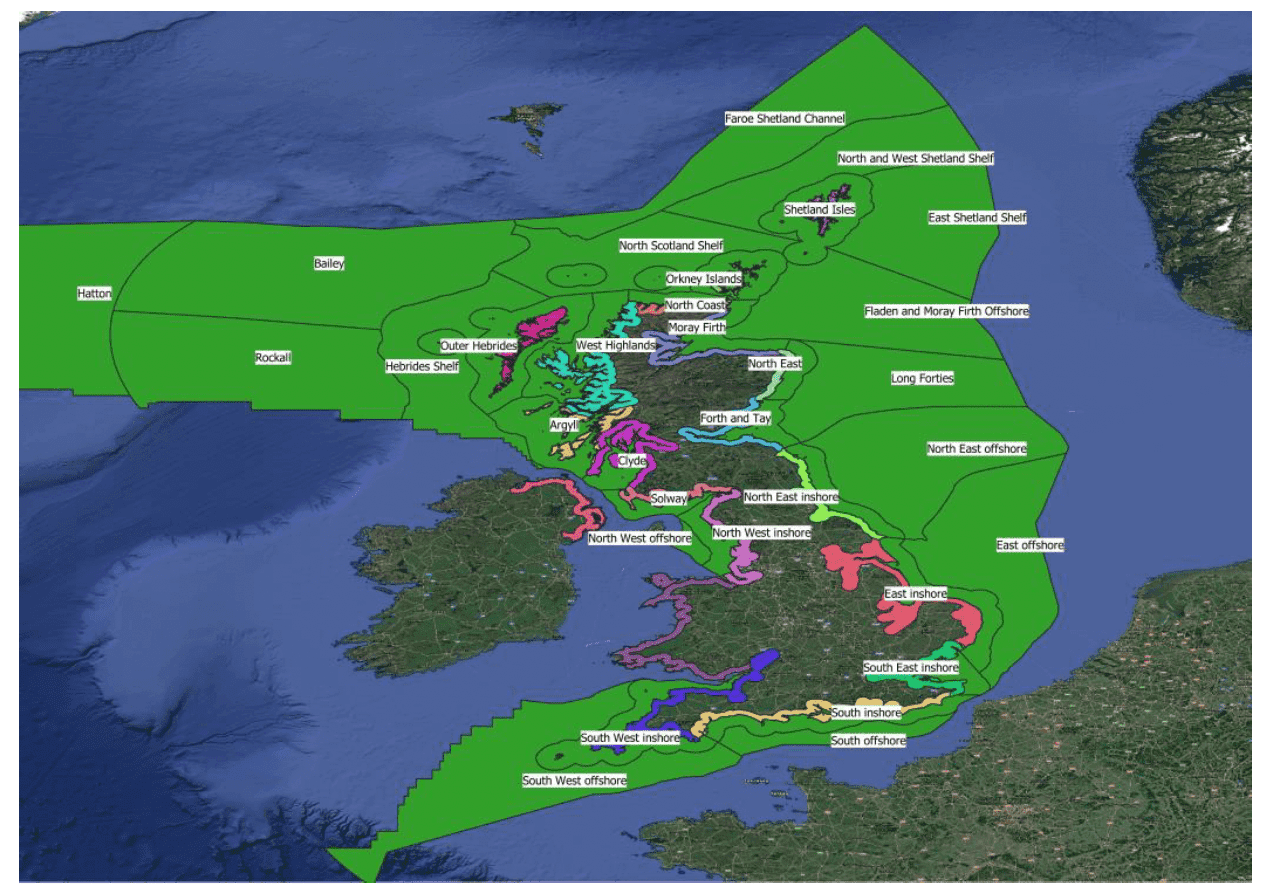 Map of the UK and Ireland showing the 11 Scottish Marine Regions and 6 English Marine Plan areas including 20km buffer as described in text above.