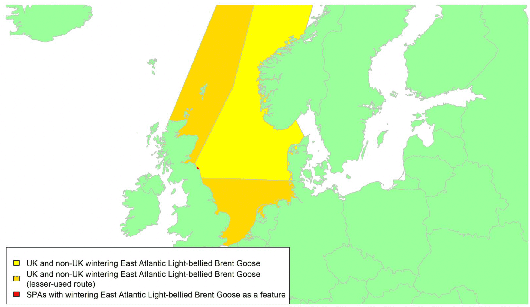 Map of North West Europe showing migratory routes and SPAs within the UK for Light-bellied Brent Geese as described in the text below.