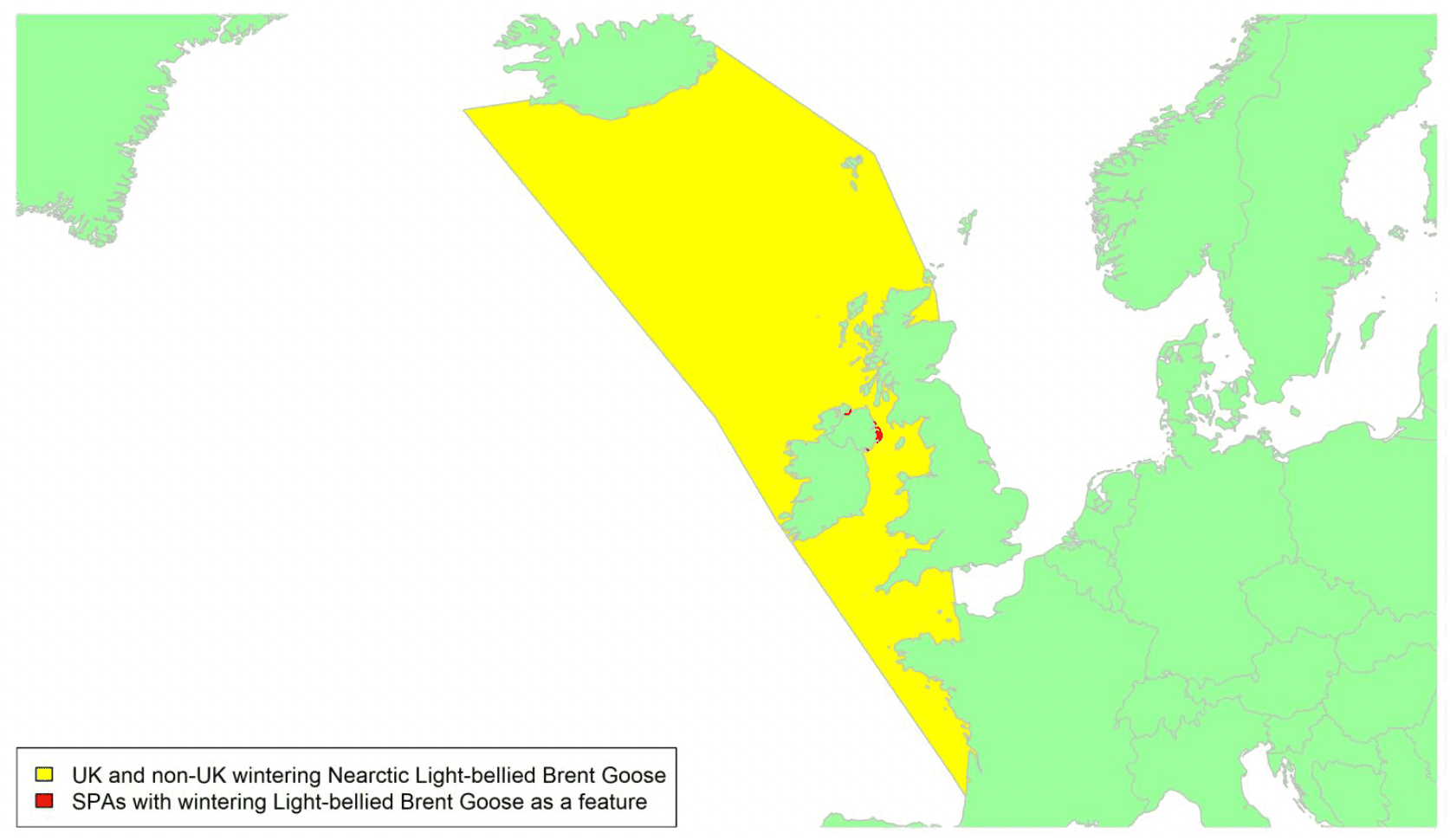 Map of North West Europe showing migratory routes and SPAs within the UK for ‘Nearctic’ Light-bellied Brent Geese as described in the text below.