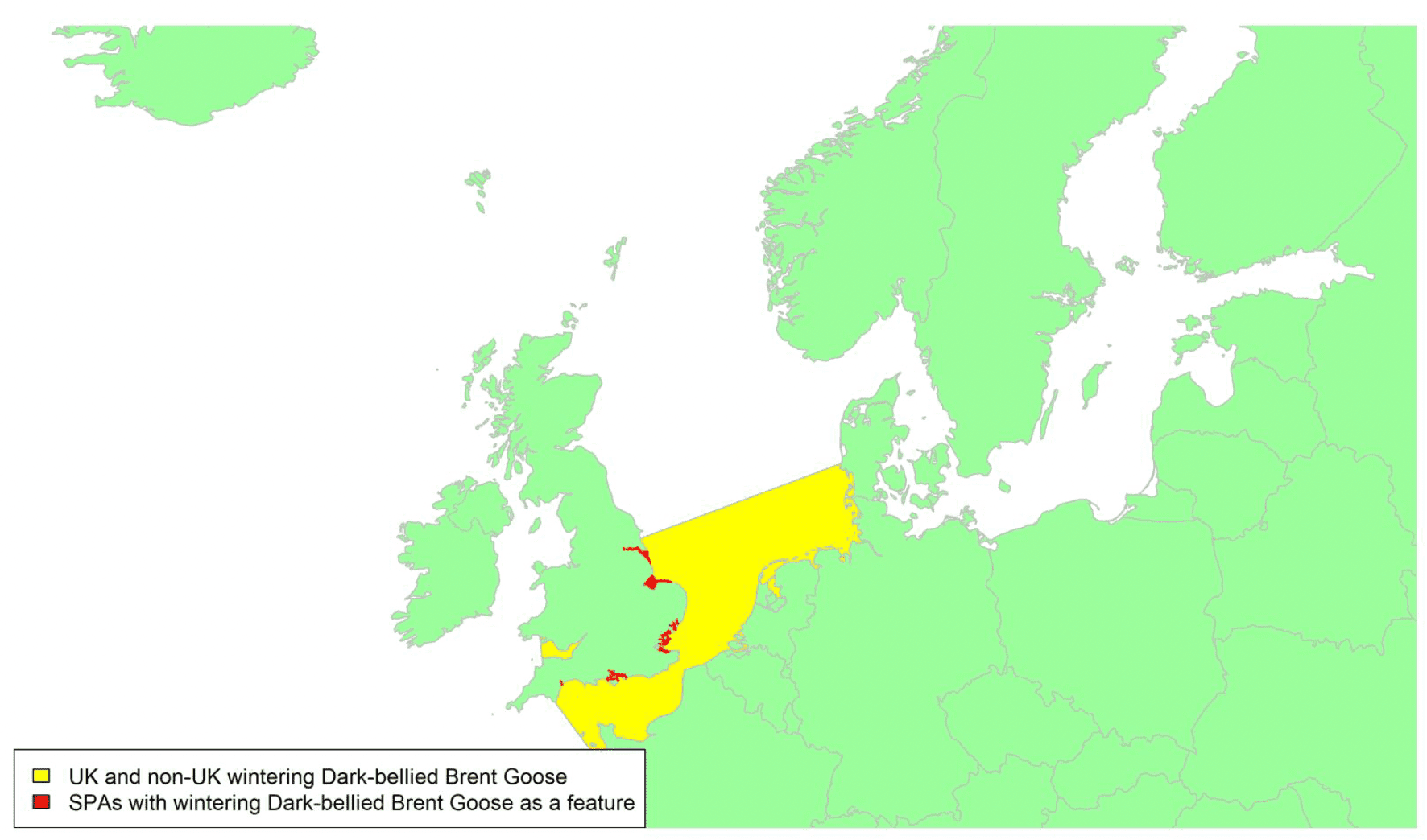 Map of North West Europe showing migratory routes and SPAs within the UK for Dark-bellied Brent Geese as described in the text below.