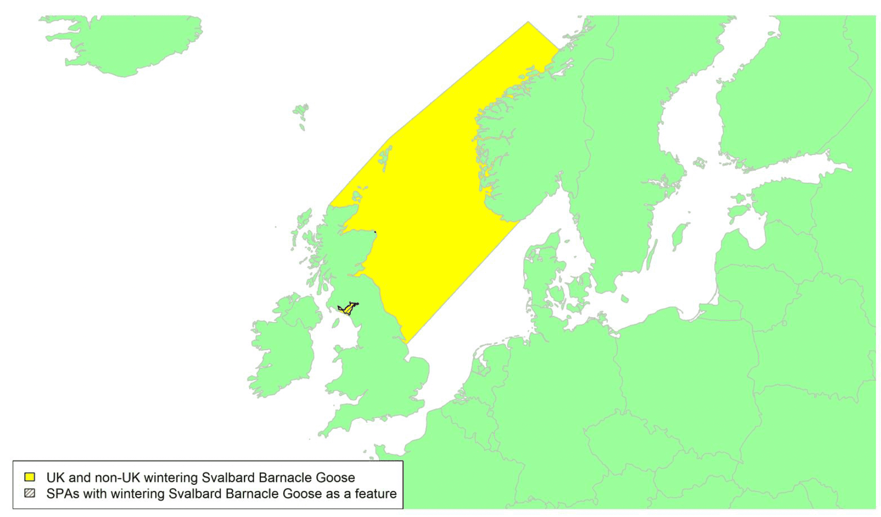 Map of North West Europe showing migratory routes and SPAs within the UK for Svalbard Barnacle Geese as described in the text below.