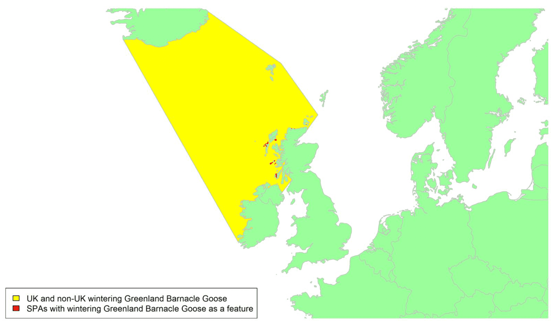 Map of North West Europe showing migratory routes and SPAs within the UK for ‘Greenland’ Barnacle Goose as described in the text below
