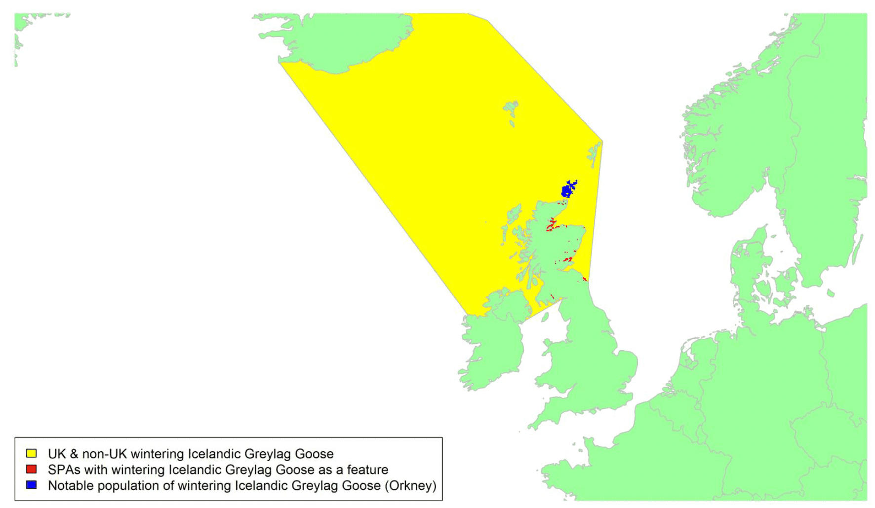 Map of North West Europe showing migratory routes and SPAs within the UK for ‘Icelandic’ Greylag Goose as described in the text below.