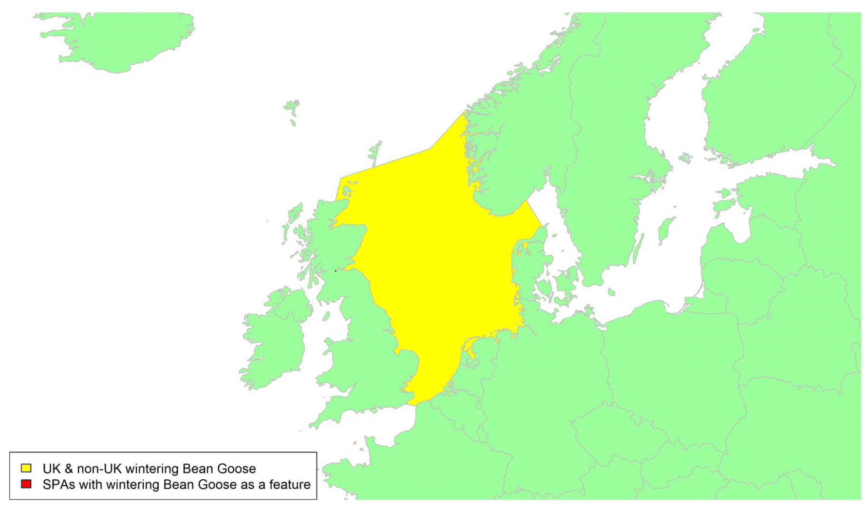 Map of North West Europe showing migratory routes and SPAs within the UK for Taiga Bean Goose as described in the text below.