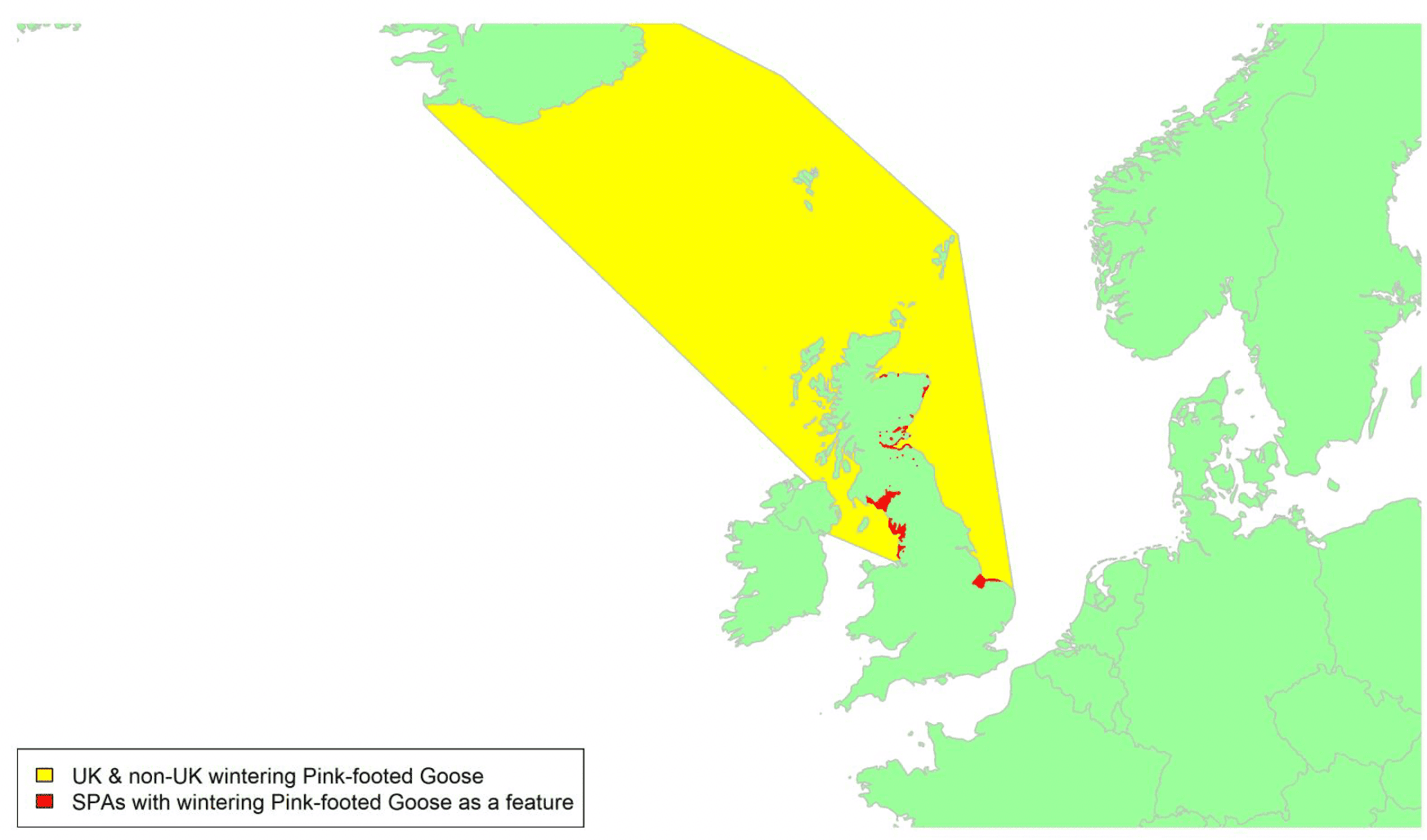 Map of North West Europe showing migratory routes and SPAs within the UK for Pink-footed Geese as described in the text below.