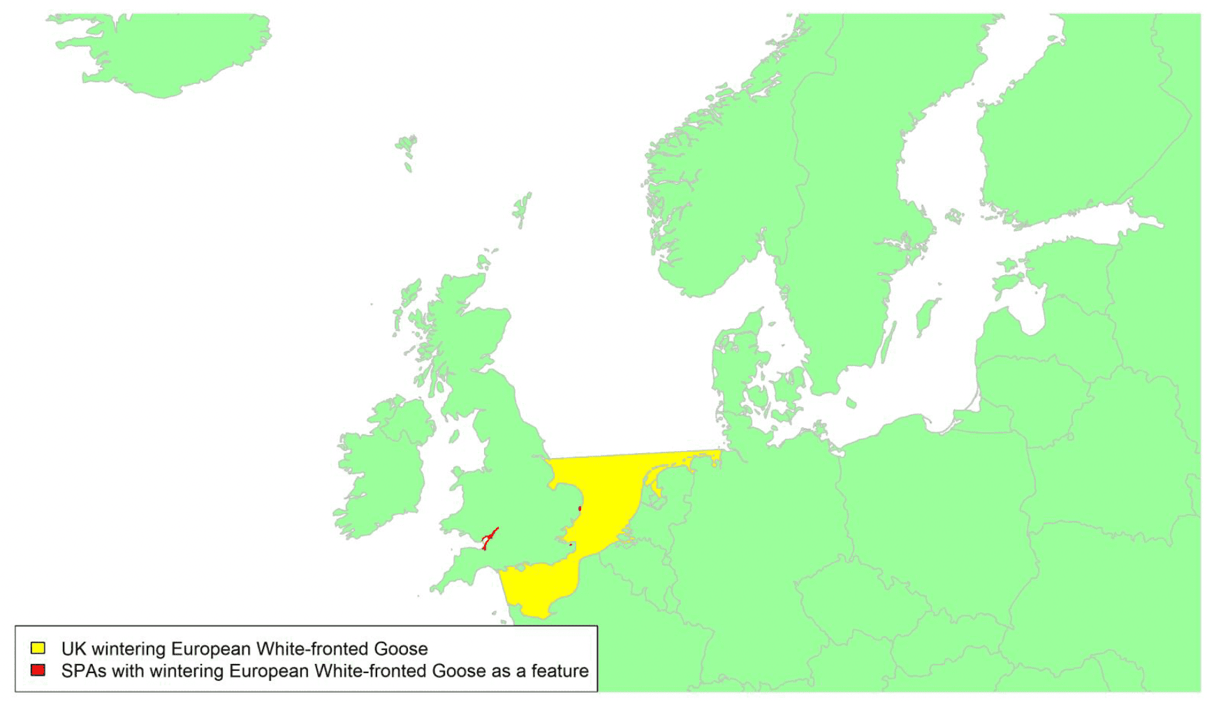 Map of North West Europe showing migratory routes and SPAs within the UK for European White-fronted Geese as described in the text below.