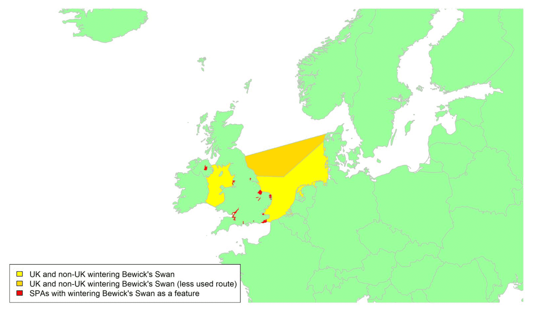 Map of North West Europe showing migratory routes and SPAs within the UK for Bewick's Swan as described in the text below.