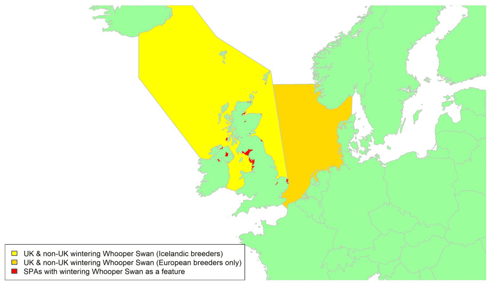 Map of North West Europe showing migratory routes and SPAs within the UK for Whooper Swan as described in the text below.