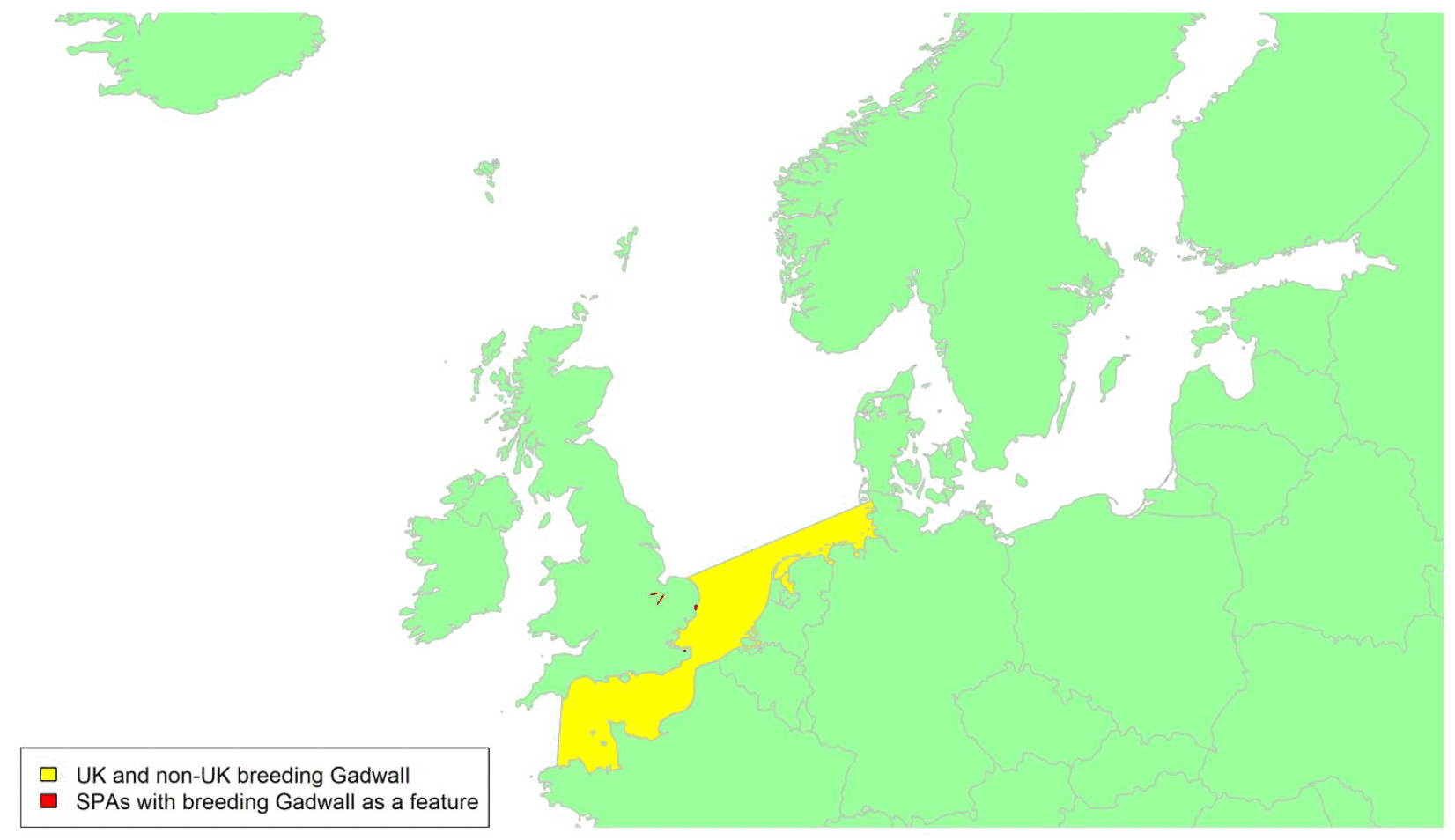 Map of North West Europe showing migratory routes and SPAs within the UK for breeding Gadwall as described in the text below.