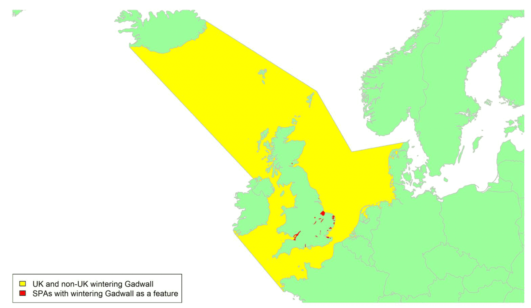 Map of North West Europe showing migratory routes and SPAs within the UK for wintering Gadwall as described in the text below.