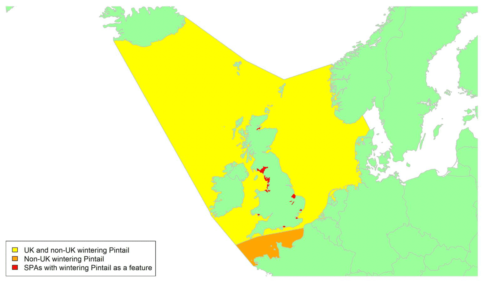 Map of North West Europe showing migratory routes and SPAs within the UK for Pintail as described in the text below.