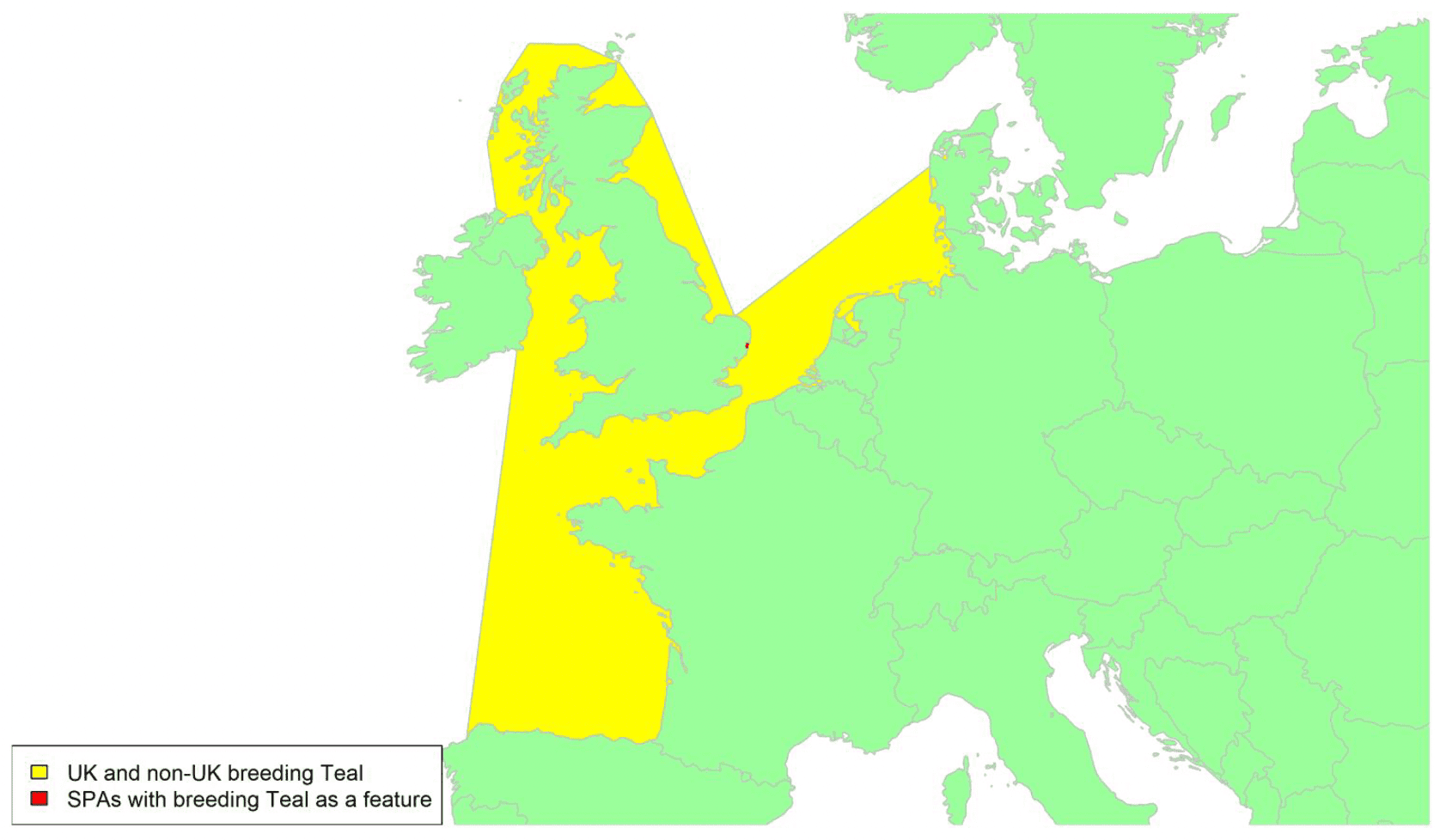 Map of North West Europe showing migratory routes and SPAs within the UK for breeding Teal as described in the text below.