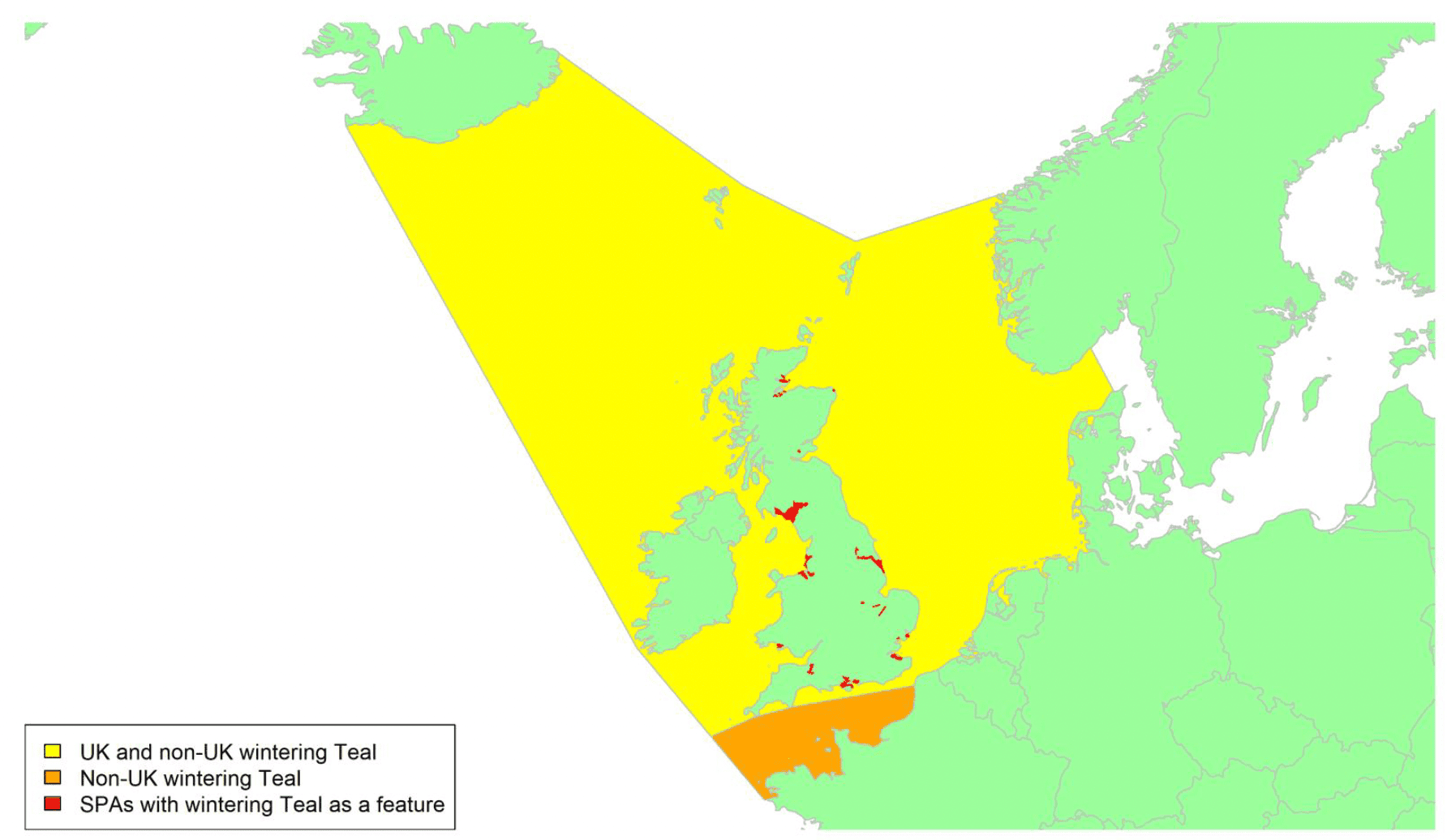 Map of North West Europe showing migratory routes and SPAs within the UK for wintering Teal as described in the text below.
