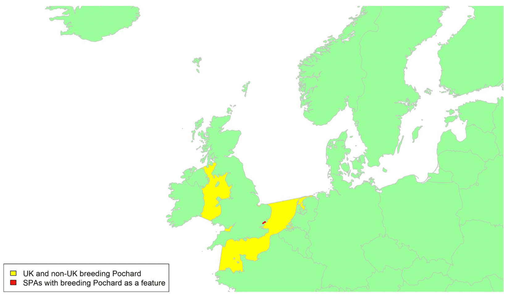 Map of North West Europe showing migratory routes and SPAs within the UK for breeding Pochard as described in the text below.