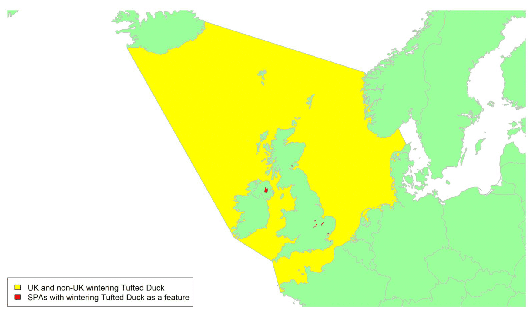 Map of North West Europe showing migratory routes and SPAs within the UK for Tufted Duck as described in the text below.