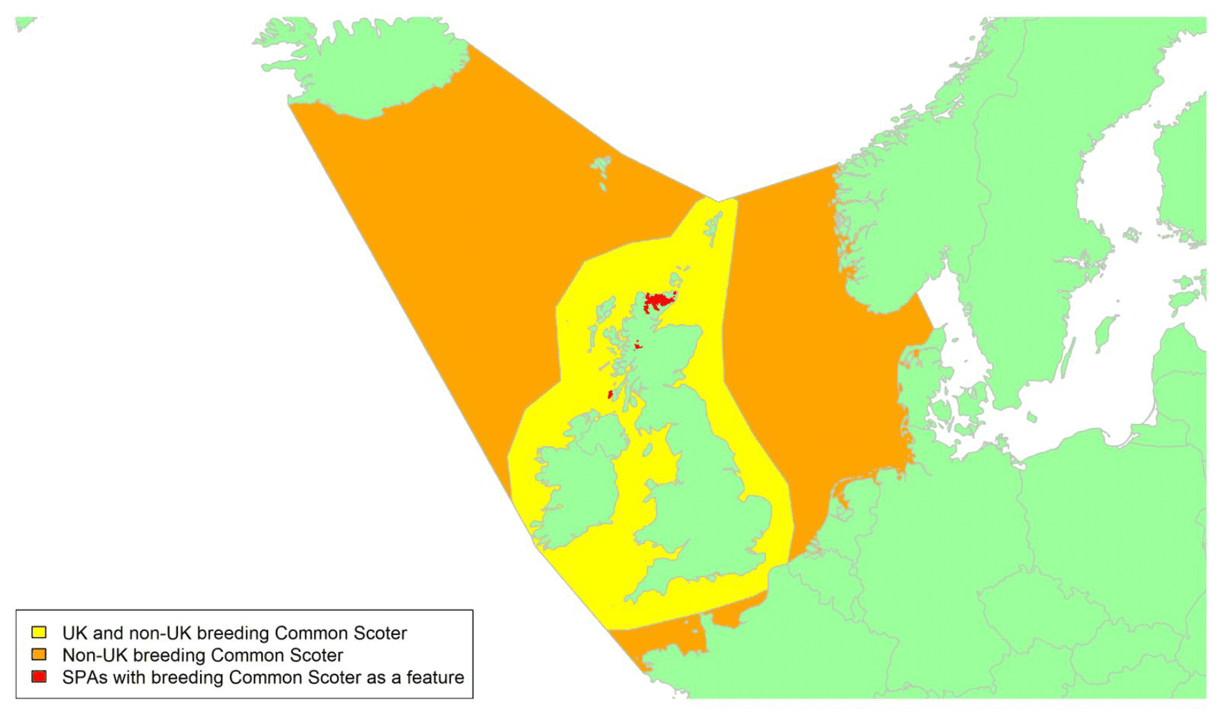Map of North West Europe showing migratory routes and SPAs within the UK for breeding Common Scoter as described in the text below.