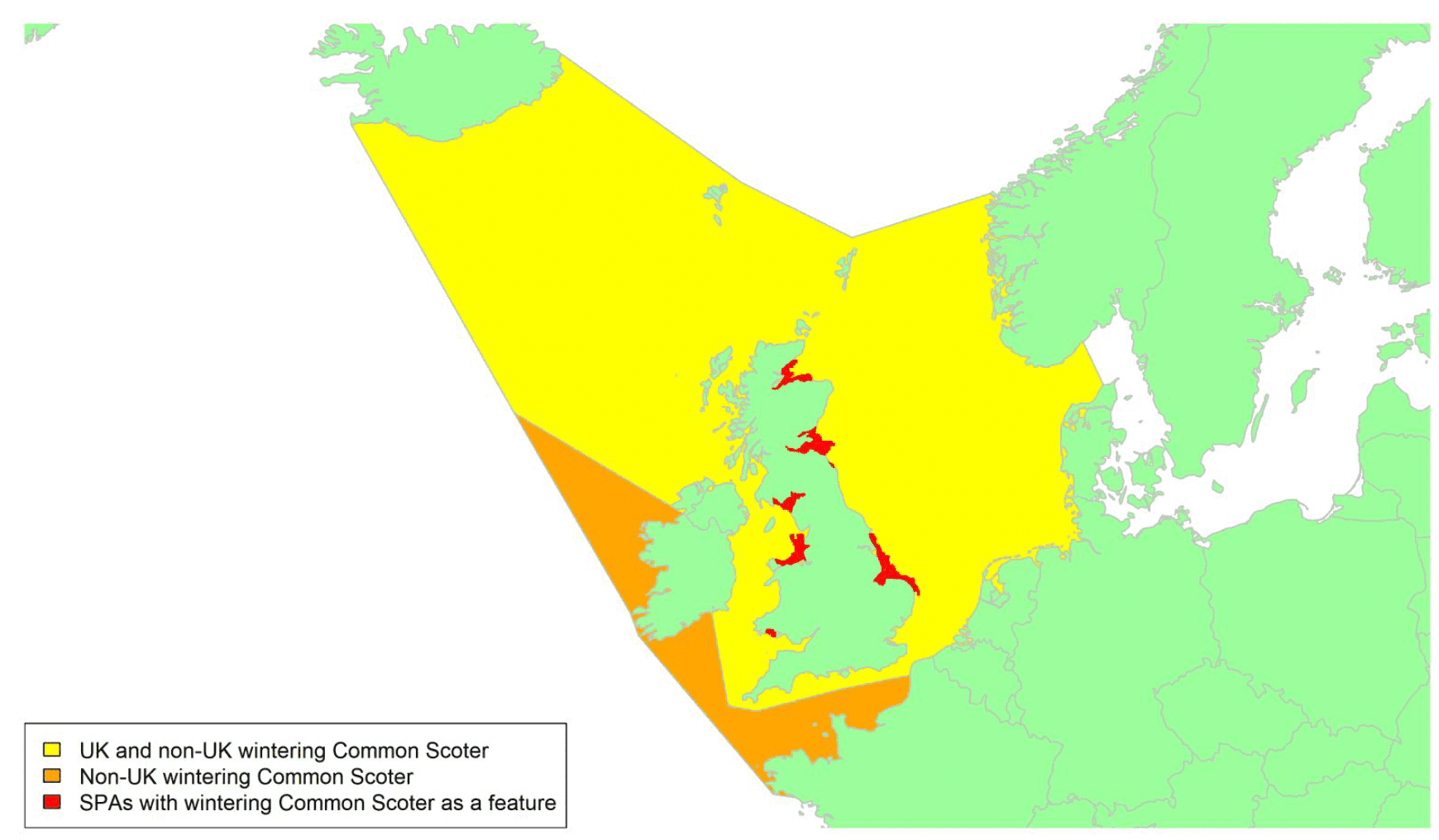Map of North West Europe showing migratory routes and SPAs within the UK for wintering Common Scoter as described in the text below.