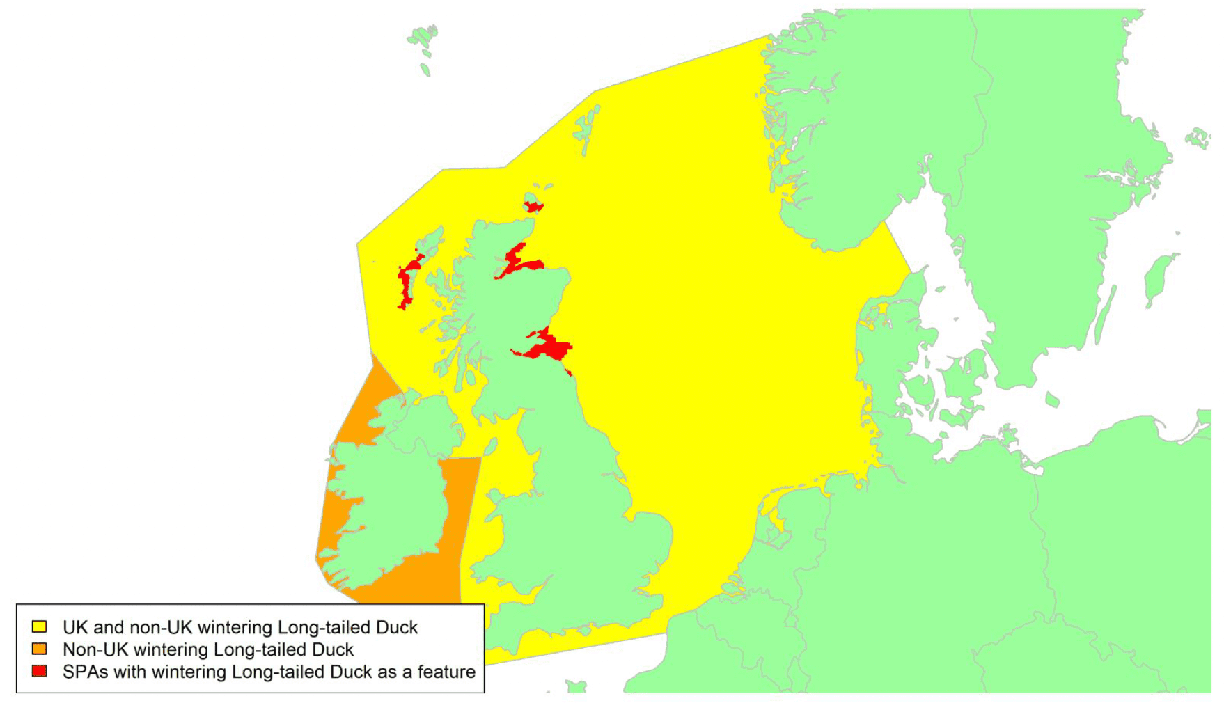 Map of North West Europe showing migratory routes and SPAs within the UK for Long-tailed Duck as described in the text below.