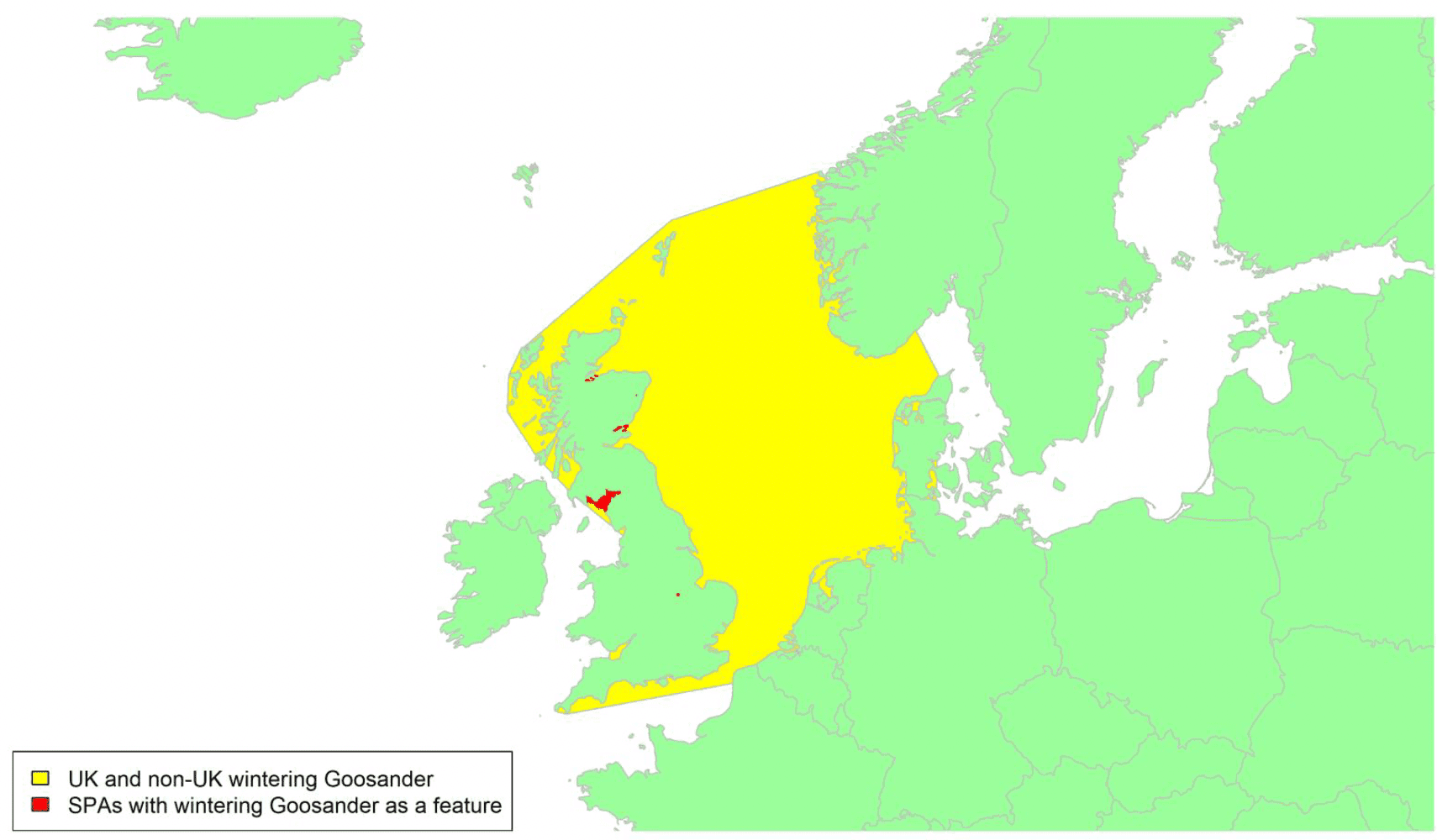 Map of North West Europe showing migratory routes and SPAs within the UK for Goosander as described in the text below.