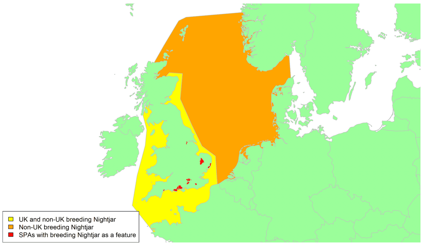 Map of North West Europe showing migratory routes and SPAs within the UK for Nightjar as described in the text below.