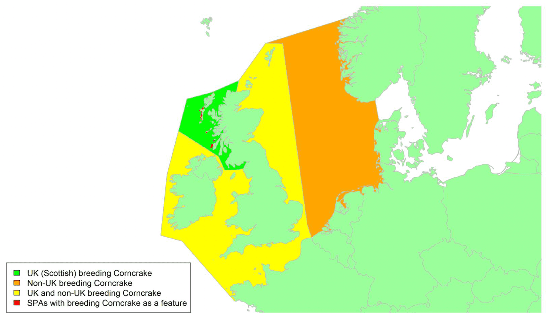 Map of North West Europe showing migratory routes and SPAs within the UK for Corncrake as described in the text below.