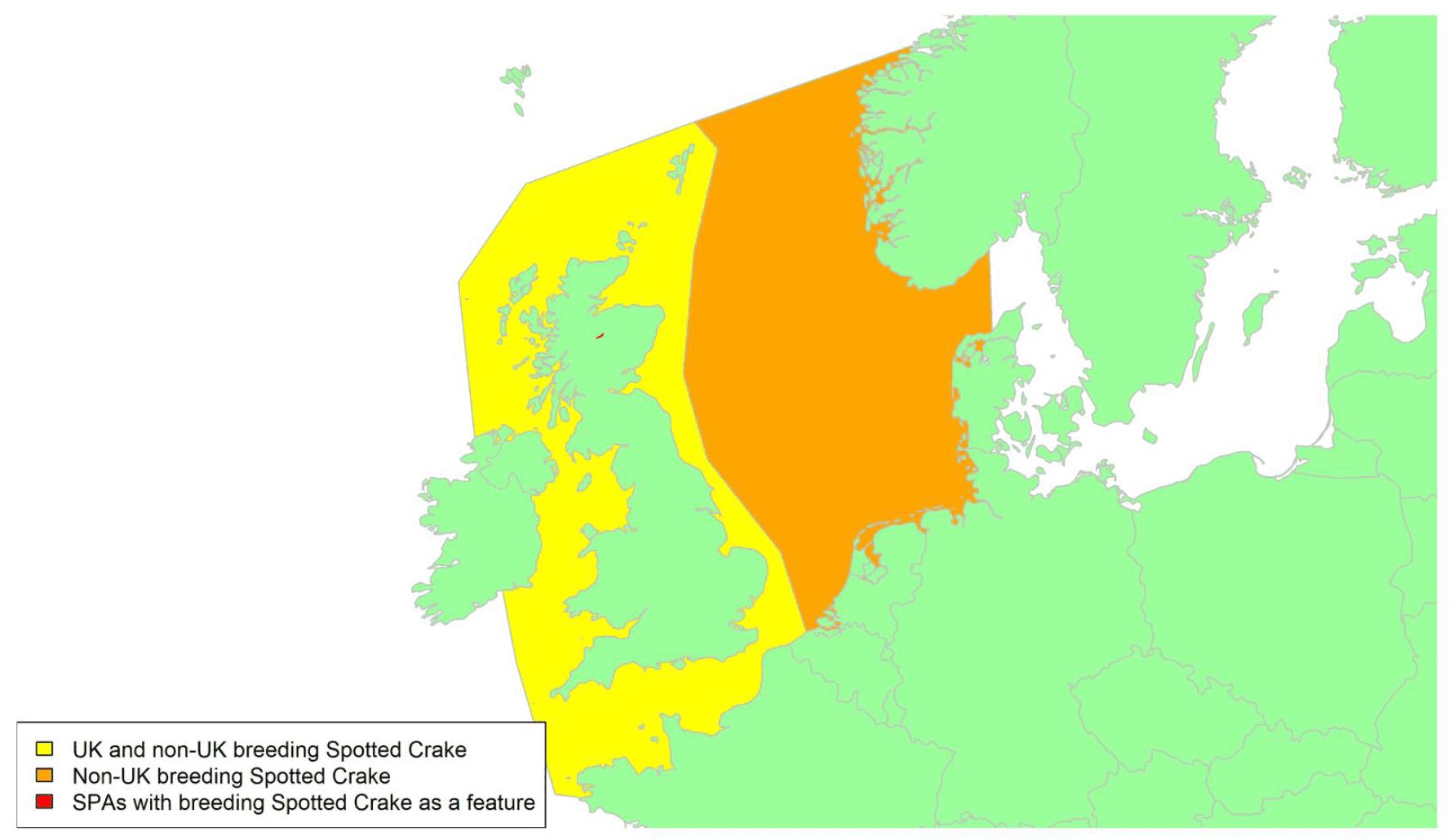 Map of North West Europe showing migratory routes and SPAs within the UK for Spotted Crake as described in the text below.