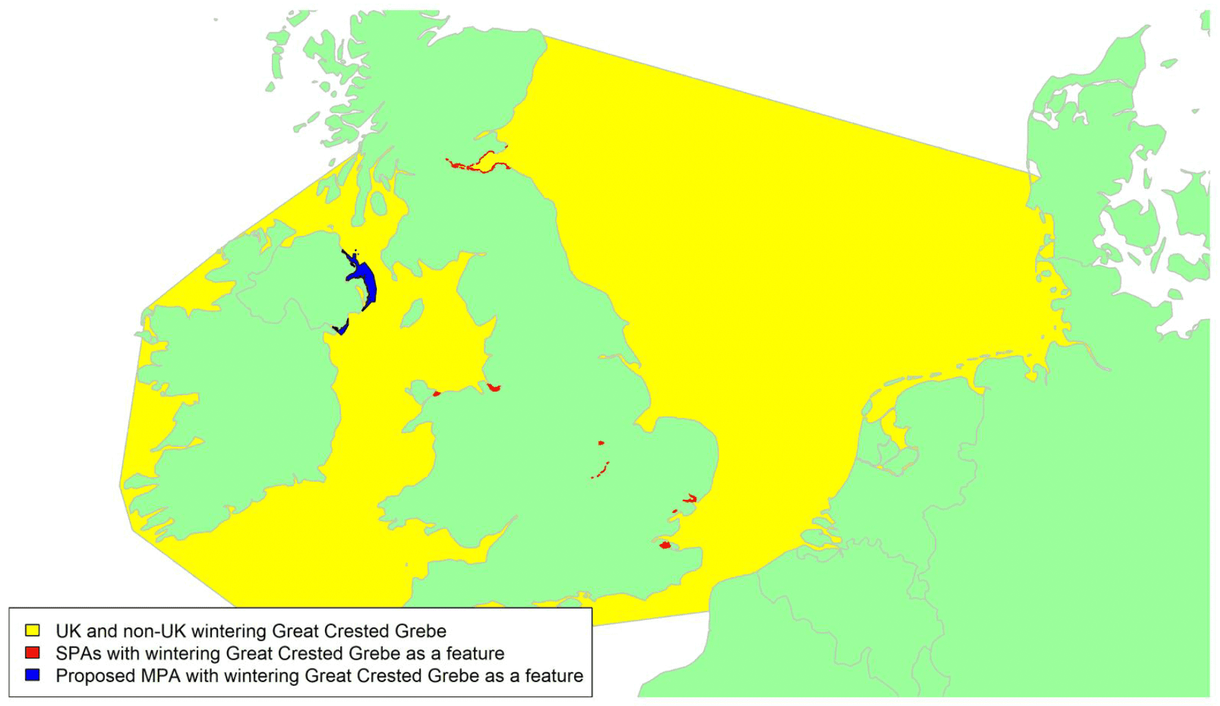Map of North West Europe showing migratory routes and SPAs within the UK for Great Crested Grebe as described in the text below.