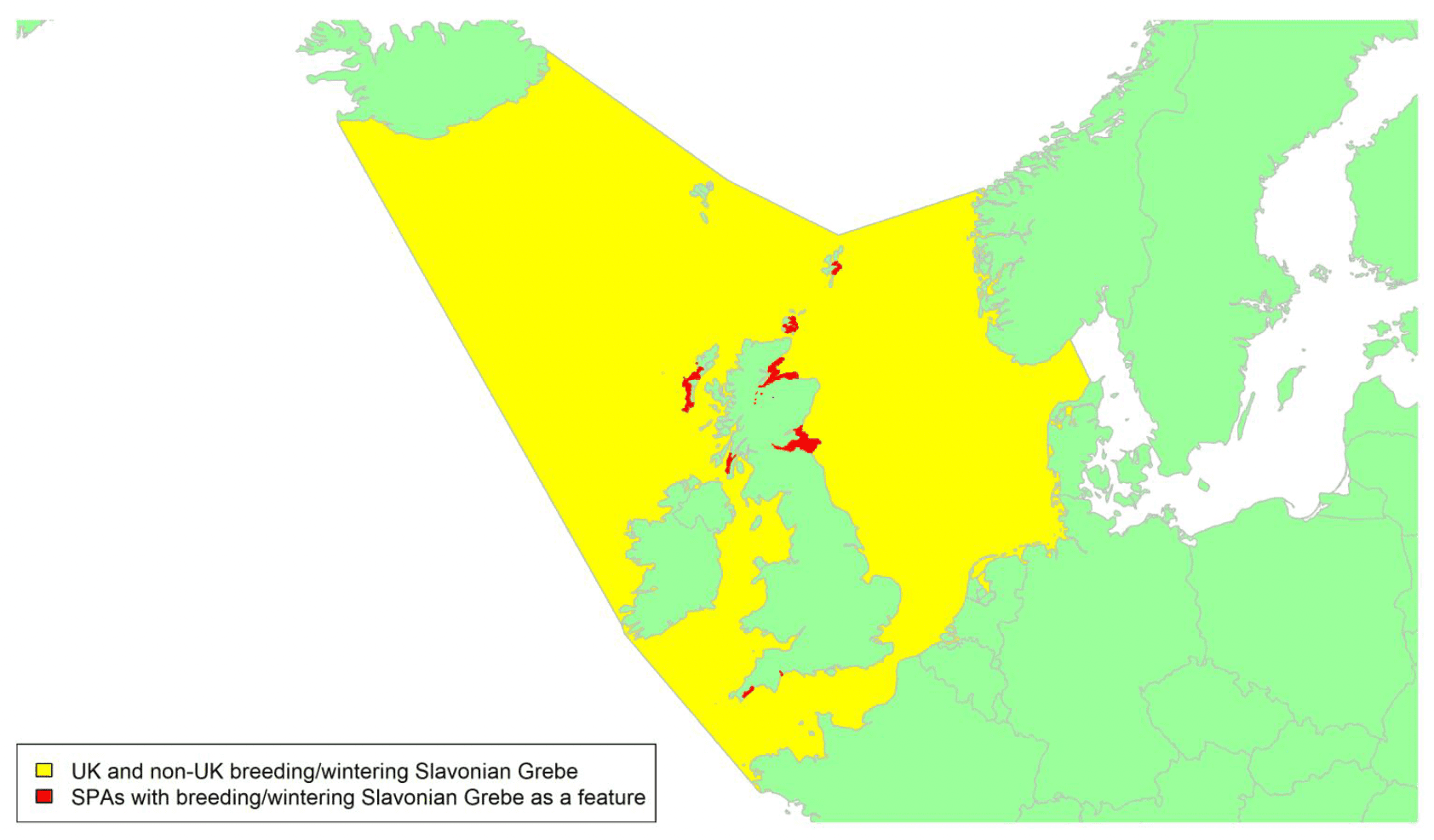 Map of North West Europe showing migratory routes and SPAs within the UK for Slavonian Grebe as described in the text below.