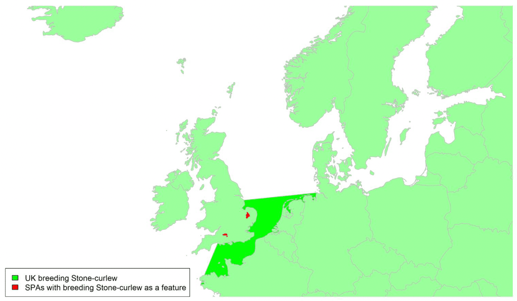 Map of North West Europe showing migratory routes and SPAs within the UK for Stone-curlew as described in the text below.