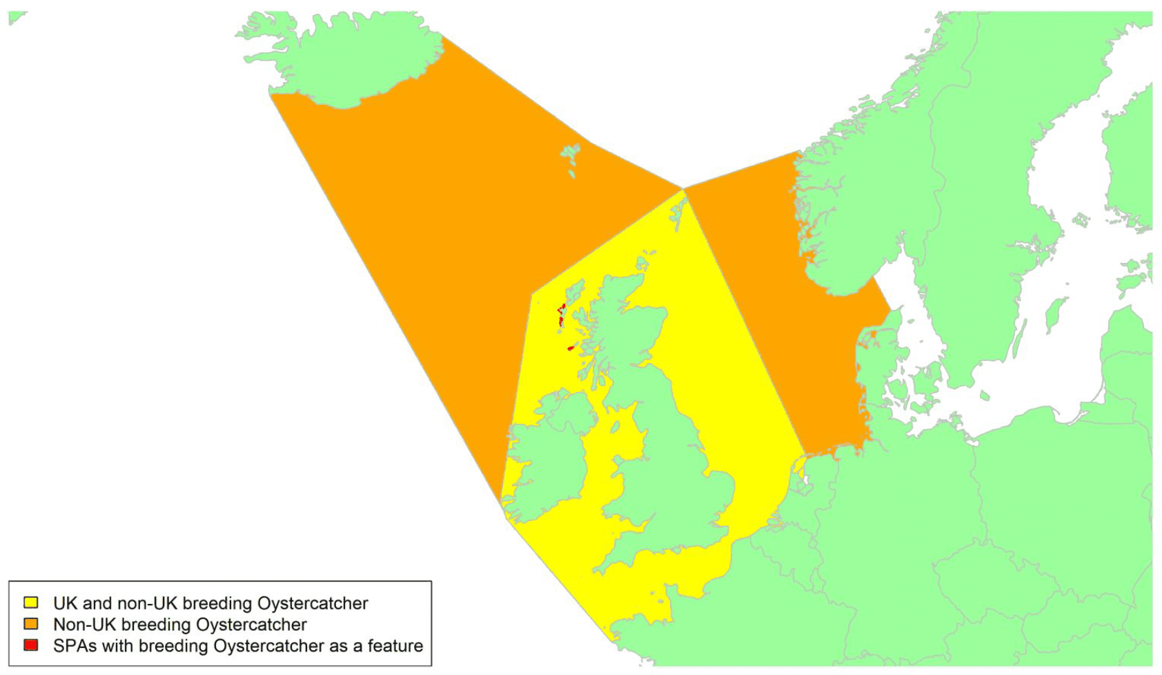 Map of North West Europe showing migratory routes and SPAs within the UK for breeding Oystercatcher as described in the text below.