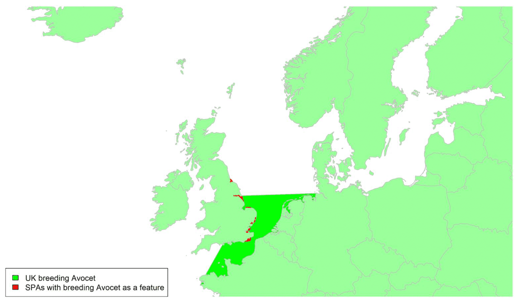 Map of North West Europe showing migratory routes and SPAs within the UK for breeding Avocet as described in the text below.