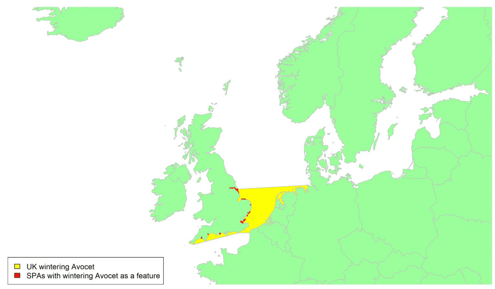 Map of North West Europe showing migratory routes and SPAs within the UK for wintering Avocet as described in the text below.