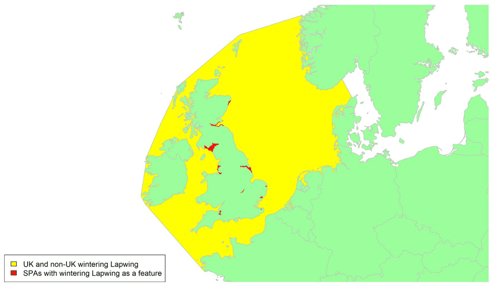 Map of North West Europe showing migratory routes and SPAs within the UK for Lapwing as described in the text below.