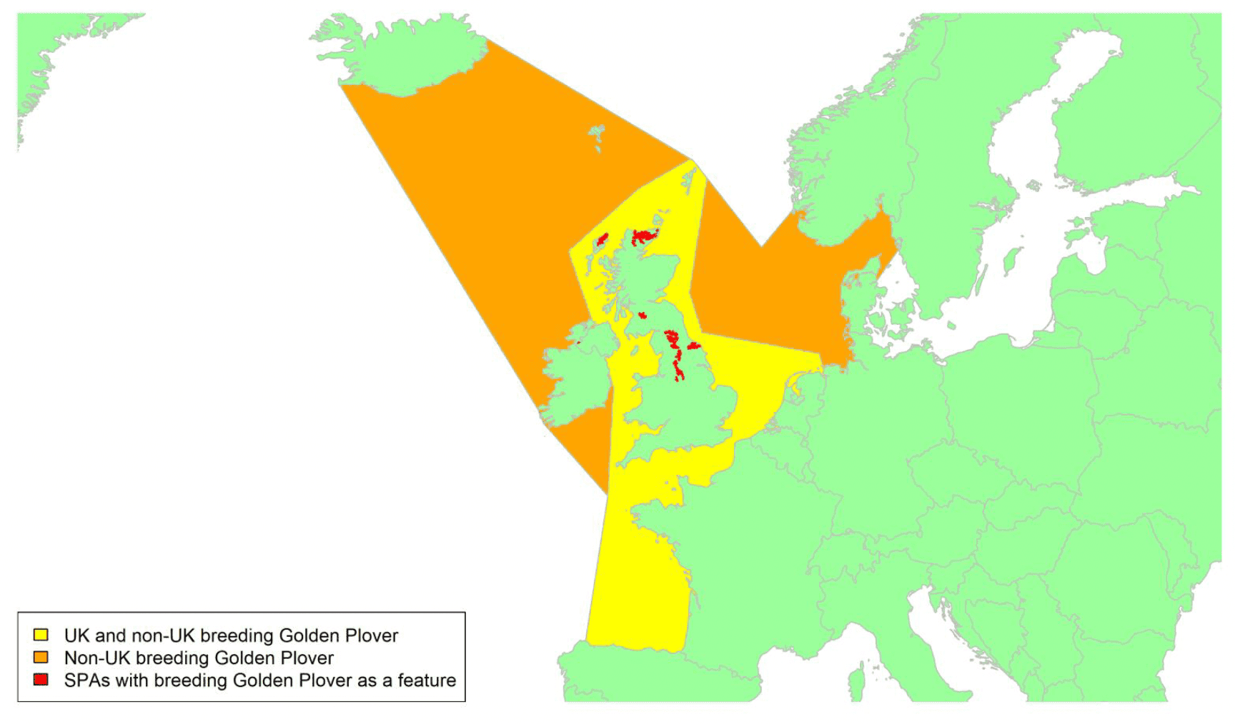 Map of North West Europe showing migratory routes and SPAs within the UK for breeding Golden Plover as described in the text below.